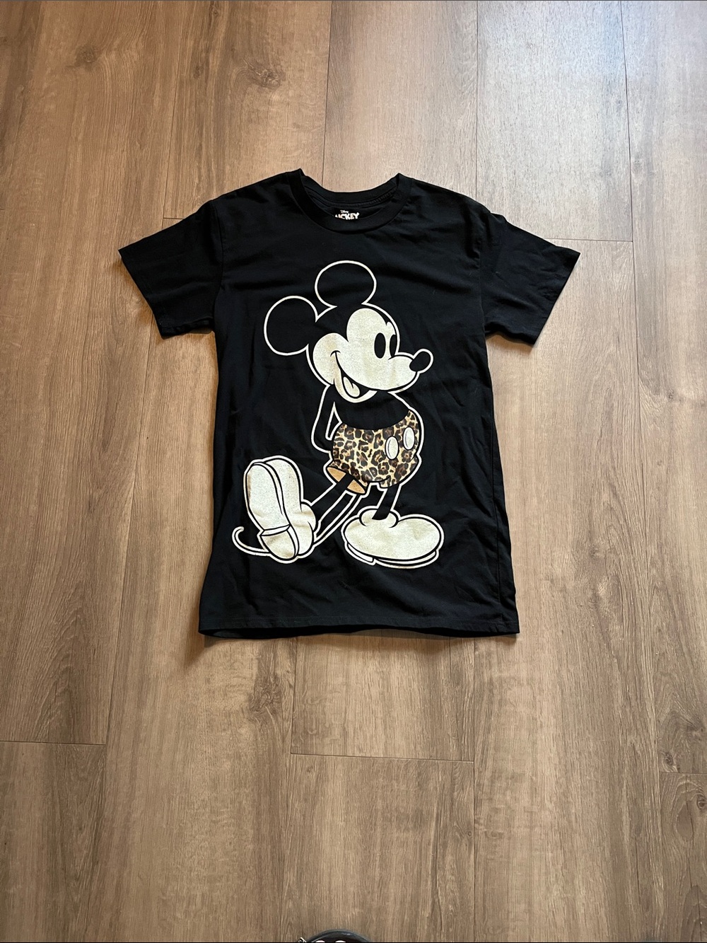 Disney Black Tee with White & Leopard Mickey Graphic